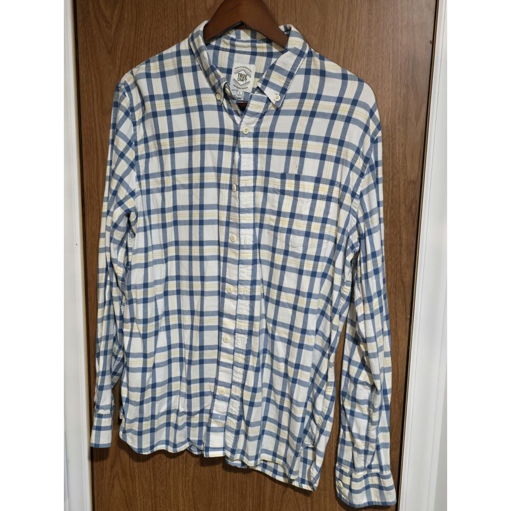 True Craft Men’s Plaid Button Down Shirt Size L Blue Ylw White L Sleeve Pocket